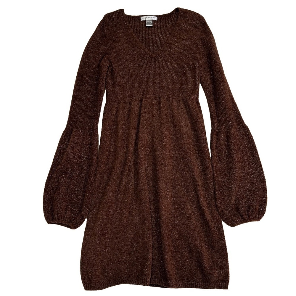 Newport News Brown Metallic Dress Size Small Balloon Sleeves Fit and Flare NWOT - Picture 3 of 13